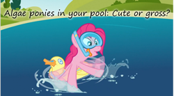 Size: 800x441 | Tagged: safe, edit, edited screencap, screencap, character:pinkie pie, species:duck, species:earth pony, species:pony, episode:too many pinkie pies, g4, my little pony: friendship is magic, female, goggles, inner tube, insane pony thread, mare, snorkel, solo, splash, swimming, swimming goggles, tumblr, water, wet mane
