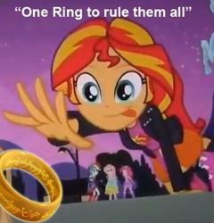 Size: 371x386 | Tagged: safe, edit, edited screencap, screencap, character:sunset shimmer, equestria girls:equestria girls, g4, my little pony: equestria girls, my little pony:equestria girls, cropped, lord of the rings, meme, ring, solo focus, sunset shimmer reaching for things, tengwar, text, the one ring, this will end in insanity, this will end in tears, tongue out, uh oh