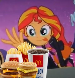 Size: 371x386 | Tagged: safe, edit, edited screencap, screencap, character:sunset shimmer, equestria girls:equestria girls, g4, my little pony: equestria girls, my little pony:equestria girls, burger, cheeseburger, cropped, food, french fries, hamburger, mcdonald's, meme, soda, sunset shimmer reaching for things, tongue out