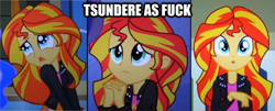 Size: 625x252 | Tagged: safe, edit, screencap, character:sunset shimmer, equestria girls:equestria girls, g4, my little pony: equestria girls, my little pony:equestria girls, :<, :o, cute, female, frown, image macro, looking at you, open mouth, sad, shimmerbetes, solo, tsundere, tsunset shimmer, vulgar, wide eyes