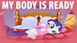 Size: 1510x849 | Tagged: safe, edit, edited screencap, screencap, character:rarity, episode:suited for success, g4, my little pony: friendship is magic, bed, clothing, female, image macro, inverted mouth, my body is ready, reaction image, robe, slippers, solo