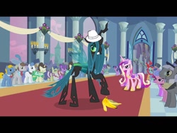 Size: 1024x768 | Tagged: safe, edit, edited screencap, screencap, character:princess cadance, character:queen chrysalis, character:twilight sparkle, species:changeling, episode:a canterlot wedding, g4, my little pony: friendship is magic, banana, changeling queen, clothing, fedora, female, hat