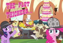 Size: 934x650 | Tagged: safe, edit, edited screencap, screencap, character:donut joe, character:gustave le grande, character:pinkie pie, character:twilight sparkle, species:donkey, species:earth pony, species:griffon, species:pony, species:unicorn, episode:mmmystery on the friendship express, g4, my little pony: friendship is magic, bubble pipe, cake, clothing, deerstalker, food, gustave le grande, hat, image macro, mulia mild, pink text, reaction, reaction image