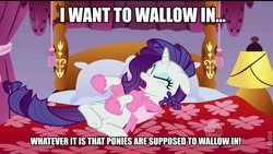 Size: 600x338 | Tagged: safe, edit, edited screencap, screencap, character:rarity, episode:suited for success, g4, my little pony: friendship is magic, bed, clothing, eyes closed, female, floppy ears, image macro, marshmelodrama, nose wrinkle, quote, robe, slippers, solo