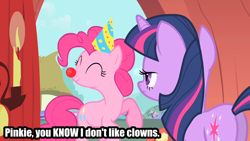 Size: 1280x720 | Tagged: safe, edit, edited screencap, screencap, character:pinkie pie, character:twilight sparkle, episode:party of one, g4, my little pony: friendship is magic, caption, clothing, clown, clown nose, hat, party hat, plot