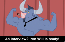 Size: 1024x672 | Tagged: safe, edit, edited screencap, screencap, character:iron will, species:minotaur, comic:celestia's servant interview, episode:putting your hoof down, g4, my little pony: friendship is magic, caption, flexing, interview, male, meta, necktie, nose piercing, nose ring, piercing, solo