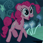 Size: 174x174 | Tagged: safe, edit, edited screencap, screencap, character:pinkie pie, species:earth pony, species:pony, episode:too many pinkie pies, g4, my little pony: friendship is magic, animated, content-aware scale, cropped, female, mare, prancing, solo, wat