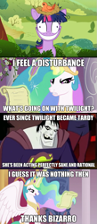 Size: 511x1170 | Tagged: safe, edit, edited screencap, screencap, character:constance, character:princess celestia, character:twilight sparkle, species:alicorn, species:bird, species:pony, episode:lesson zero, episode:the crystal empire, g4, my little pony: friendship is magic, bizarro, comic, derplestia, ethereal mane, female, idiot, image macro, intro, mare, oof, screencap comic, spread wings, superman, twilight snapple, wings
