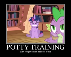 Size: 750x600 | Tagged: safe, edit, edited screencap, screencap, character:spike, character:twilight sparkle, species:dragon, species:pony, species:unicorn, episode:lesson zero, g4, my little pony: friendship is magic, accident, caption, demotivational poster, female, funny, magic kindergarten, mare, meme, out of context, parody, potty training