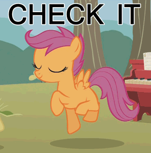 Size: 298x301 | Tagged: safe, edit, edited screencap, screencap, character:scootaloo, species:pegasus, species:pony, episode:the show stoppers, g4, my little pony: friendship is magic, animated, good trick, image macro, meme, spinning, u jelly?