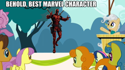 Size: 960x540 | Tagged: safe, edit, edited screencap, screencap, character:caramel, character:carrot top, character:golden harvest, character:lemon hearts, character:mayor mare, character:parasol, episode:the last roundup, g4, my little pony: friendship is magic, behold, best pony, deadpool, forced meme, glasses, marvel, marvel comics, meme
