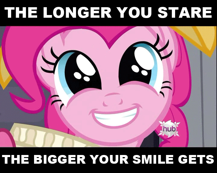 Size: 720x576 | Tagged: dead source, safe, edit, edited screencap, screencap, character:pinkie pie, species:earth pony, species:pony, animated, brilliant face, chancellor puddinghead, eye shimmer, female, gif, happy, hub logo, image macro, looking at you, mare, meme, smiling, the longer you stare