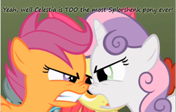 Size: 885x568 | Tagged: safe, edit, edited screencap, screencap, character:apple bloom, character:princess celestia, character:scootaloo, character:sweetie belle, species:pegasus, species:pony, episode:the return of harmony, g4, my little pony: friendship is magic, angry, argument, insane pony thread, scrunchy face, tumblr