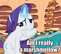 Size: 804x720 | Tagged: source needed, safe, edit, edited screencap, screencap, character:rarity, episode:secret of my excess, g4, my little pony: friendship is magic, biting, caption, female, golden oaks library, image macro, misspelling, rarity is a marshmallow, solo