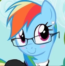 Size: 719x721 | Tagged: safe, edit, edited screencap, screencap, character:rainbow dash, species:pegasus, species:pony, episode:the mysterious mare do well, g4, my little pony: friendship is magic, adorkable, blushing, clothing, cute, dork, ear piercing, earring, female, glasses, jewelry, piercing, rainbow dork, solo, suit