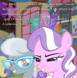Size: 586x593 | Tagged: safe, edit, edited screencap, screencap, character:diamond tiara, character:dinky hooves, character:drizzle, character:silver spoon, episode:call of the cutie, g4, my little pony: friendship is magic, cropped, evil grin, female, insane pony thread, psycho, psychopath, psychopathy, sociopath, tiara and spoon, tumblr