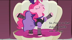 Size: 1021x572 | Tagged: safe, edit, edited screencap, screencap, character:pinkie pie, episode:over a barrel, g4, my little pony: friendship is magic, clothing, dress, female, fishnets, insane pony thread, oh my, saloon dress, saloon pinkie, showgirl, solo