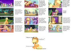 Size: 1214x902 | Tagged: safe, edit, edited screencap, screencap, character:apple bloom, character:applejack, character:bon bon, character:carrot top, character:fluttershy, character:golden harvest, character:minuette, character:pinkie pie, character:rainbow dash, character:rarity, character:spike, character:sweetie drops, character:twilight sparkle, species:earth pony, species:pegasus, species:pony, species:unicorn, /mlp/, episode:a canterlot wedding, episode:dragonshy, episode:spike at your service, episode:suited for success, episode:the last roundup, g4, my little pony: friendship is magic, 4chan, character defense, defense, ei, female, grand galloping gala, hub logo, mane six, mare, text, timber wolf, worst pony