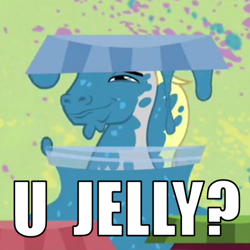 Size: 400x400 | Tagged: safe, edit, edited screencap, screencap, character:hugh jelly, episode:hearts and hooves day, g4, my little pony: friendship is magic, abstract background, cropped, faec, food, image macro, jelly, meme, solo, u jelly?