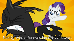 Size: 1064x593 | Tagged: safe, edit, edited screencap, screencap, character:rarity, species:changeling, species:pony, species:unicorn, episode:a canterlot wedding, g4, my little pony: friendship is magic, boxing, duo, female, headcanon, insane pony thread, mare, punch, tumblr