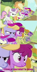 Size: 500x963 | Tagged: safe, edit, edited screencap, screencap, character:alula, character:amethyst star, character:applejack, character:berry punch, character:berryshine, character:carrot top, character:cloud kicker, character:dinky hooves, character:golden harvest, character:noi, character:piña colada, character:pluto, character:sparkler, character:sweetie belle, episode:sisterhooves social, g4, my little pony: friendship is magic, comic, female, hub logo, purple text, screencap comic, sister, sisterly love