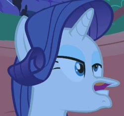 Size: 858x806 | Tagged: safe, edit, edited screencap, screencap, character:rarity, female, inverted mouth, solo, the most beauntiful pony in equestria