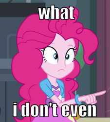 Size: 543x600 | Tagged: safe, edit, edited screencap, screencap, character:pinkie pie, equestria girls:equestria girls, g4, my little pony: equestria girls, my little pony:equestria girls, cropped, female, image macro, meme, pointing, reaction image, solo, wat