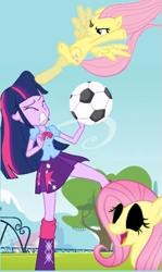 Size: 317x533 | Tagged: safe, edit, edited screencap, screencap, character:fluttershy, character:twilight sparkle, equestria girls:equestria girls, g4, my little pony: equestria girls, my little pony:equestria girls, black sclera, cropped, football, kicking, sports, wat