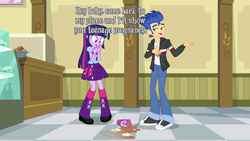 Size: 1280x720 | Tagged: safe, edit, edited screencap, screencap, character:flash sentry, character:twilight sparkle, equestria girls:equestria girls, g4, my little pony: equestria girls, my little pony:equestria girls, cards against equestria girls, duo, image macro, spilled drink