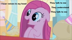 Size: 500x281 | Tagged: safe, edit, edited screencap, screencap, character:pinkamena diane pie, character:pinkie pie, episode:party of one, g4, my little pony: friendship is magic, caption, female, insanity, randy orton, rev theory, solo, song reference, voices, wwe