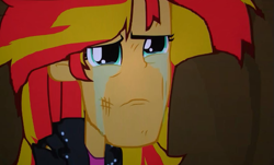 Size: 605x366 | Tagged: safe, edit, edited screencap, screencap, character:sunset shimmer, equestria girls:equestria girls, g4, my little pony: equestria girls, my little pony:equestria girls, chin, content-aware scale, crying, female, liquid rescale, manface, solo, sunsad shimmer