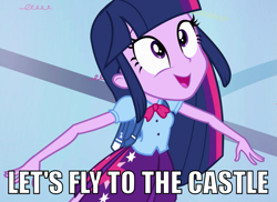 Size: 823x600 | Tagged: safe, edit, edited screencap, screencap, character:twilight sparkle, equestria girls:equestria girls, g4, my little pony: equestria girls, my little pony:equestria girls, bag, clothing, cropped, equestria girls prototype, faec, female, flapping, flapping arms, happy, image macro, let's fly to the castle, looking up, pleated skirt, skirt, smiling, solo, toy