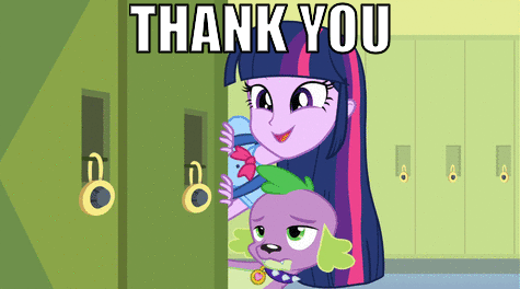 Size: 475x264 | Tagged: safe, edit, edited screencap, screencap, character:spike, character:twilight sparkle, species:dog, equestria girls:equestria girls, g4, my little pony: equestria girls, my little pony:equestria girls, animated, bronybait, cute, dawwww, duo, happy, image macro, reaction image, smiling, spike the dog, thank you, twiabetes