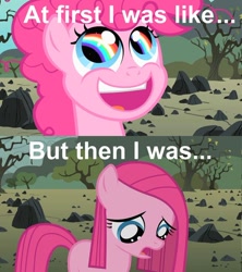 Size: 500x563 | Tagged: safe, edit, edited screencap, screencap, character:pinkamena diane pie, character:pinkie pie, episode:the cutie mark chronicles, g4, my little pony: friendship is magic, comic, eye reflection, female, filly, filly pinkie pie, image macro, meme, rainbow, reaction image, reflection, reversal, rock farm, screencap comic, solo, younger