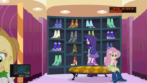 Size: 576x324 | Tagged: safe, edit, edited screencap, screencap, character:applejack, character:fluttershy, character:rarity, character:spike, character:twilight sparkle, character:twilight sparkle (alicorn), species:alicorn, species:dog, species:pony, equestria girls:equestria girls, g4, my little pony: equestria girls, my little pony:equestria girls, animated, boots, bracelet, carousel boutique, clothing, gif, high heel boots, jewelry, konami, metal gear, metal gear solid, skirt, spike the dog