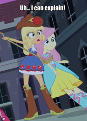 Size: 562x781 | Tagged: safe, edit, edited screencap, screencap, character:applejack, character:fluttershy, ship:appleshy, my little pony:equestria girls, bare shoulders, bondage, caption, female, implied shipping, lesbian, out of context, rope, shipping, sleeveless, strapless, text edit, tied up, uhh i can explain