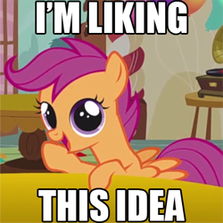 Size: 413x413 | Tagged: safe, edit, edited screencap, screencap, character:scootaloo, species:pegasus, species:pony, episode:call of the cutie, g4, my little pony: friendship is magic, cropped, cute, cutealoo, female, image macro, impact font, looking at you, open mouth, reaction image, smiling, solo