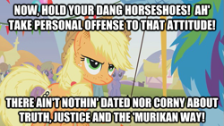 Size: 623x351 | Tagged: safe, edit, edited screencap, screencap, character:applejack, character:rainbow dash, species:earth pony, species:pony, episode:fall weather friends, g4, my little pony: friendship is magic, caption, female, image macro, mare, messy mane, murica, patriotic, solo focus, superman, united states