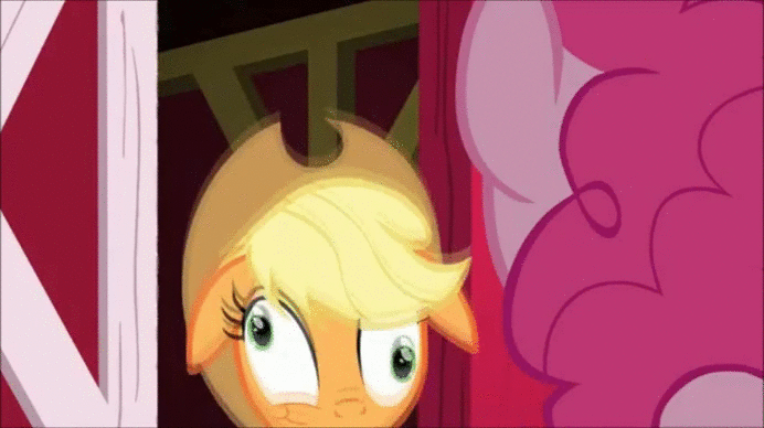 Size: 692x388 | Tagged: safe, edit, edited screencap, screencap, character:applejack, character:pinkie pie, species:pony, episode:party of one, g4, my little pony: friendship is magic, :t, animated, back of head, derp, floppy ears, growth, nope, nope.avi, reaction image, silly, silly pony, smiling, wat, who's a silly pony, wide eyes
