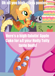 Size: 500x687 | Tagged: safe, edit, edited screencap, screencap, character:applejack, character:cloud kicker, character:hoity toity, character:lyra heartstrings, character:pinkie pie, character:white lightning, species:pegasus, species:pony, episode:the best night ever, g4, my little pony: friendship is magic, cake, clothing, dress, female, gala dress, image macro, mare, pun, quote, tongue out, visual gag