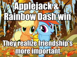 Size: 944x698 | Tagged: safe, edit, edited screencap, screencap, character:applejack, character:rainbow dash, episode:fall weather friends, g4, my little pony: friendship is magic, autumn, cropped, fixed, friendship, game grumps, image macro, running, running of the leaves