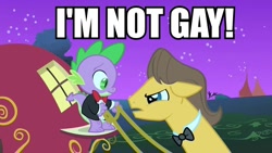 Size: 600x338 | Tagged: safe, edit, edited screencap, screencap, character:caramel, character:spike, species:pony, episode:the best night ever, g4, my little pony: friendship is magic, apple carriage, bow tie, caption, carriage, clothing, duo, image macro, tuxedo