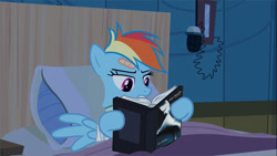 Size: 700x394 | Tagged: safe, edit, edited screencap, screencap, character:rainbow dash, episode:read it and weep, g4, my little pony: friendship is magic, bed, book, fifty shades of grey, lying down, reading