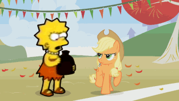 Size: 350x197 | Tagged: safe, edit, edited screencap, screencap, character:applejack, species:earth pony, species:pony, animated, crossover, female, frown, glare, jug, lisa simpson, mare, open mouth, prancing, raised hoof, raised leg, the simpsons, trotting, trotting in place