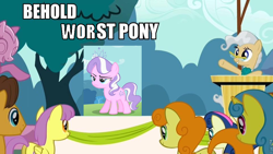 Size: 960x540 | Tagged: safe, edit, edited screencap, screencap, character:bon bon, character:carrot top, character:diamond tiara, character:golden harvest, character:lemon hearts, character:sweetie drops, episode:applebuck season, g4, my little pony: friendship is magic, 1000 years in photoshop, meme, tiarabuse, worst pony