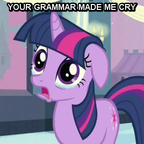 Size: 290x290 | Tagged: safe, edit, edited screencap, screencap, character:twilight sparkle, character:twilight sparkle (unicorn), species:pony, species:unicorn, episode:a canterlot wedding, g4, my little pony: friendship is magic, animated, cropped, crying, eye shimmer, female, frown, grammar, grammar nazi, image macro, mare, open mouth, reaction image, sad, solo, teary eyes, text
