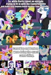 Size: 715x1056 | Tagged: safe, edit, edited screencap, screencap, character:applejack, character:bon bon, character:carrot top, character:fancypants, character:fine line, character:golden harvest, character:lyrica lilac, character:pokey pierce, character:ponet, character:primrose (g4), character:rarity, character:royal ribbon, character:sea swirl, character:sealed scroll, character:silver frames, character:star gazer, character:swan song, character:sweetie drops, character:twilight sparkle, character:upper crust, episode:sweet and elite, g4, my little pony: friendship is magic, birthday dress, bonabelle bonette, clothing, collage, dancing, dress, garden party, hat, image macro, swan dive, text edit