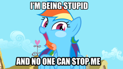Size: 1920x1080 | Tagged: safe, edit, edited screencap, screencap, character:rainbow dash, episode:a bird in the hoof, g4, my little pony: friendship is magic, and nopony can stop me, female, image macro, meme, rainbow derp, rainbow dumb, solo, stupid, stupidity