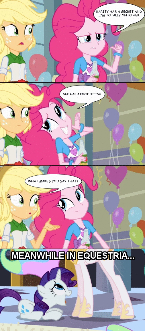 Size: 506x1153 | Tagged: safe, edit, edited screencap, screencap, character:applejack, character:pinkie pie, character:princess celestia, character:rarity, ship:rarilestia, episode:sweet and elite, g4, my little pony: friendship is magic, my little pony:equestria girls, animated, caption, comic, female, foot fetish, kissing, lesbian, princess, rarity's fetish, screencap comic, shipping