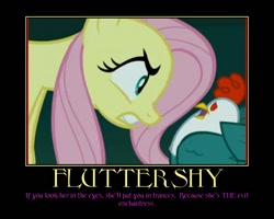 Size: 750x600 | Tagged: safe, edit, edited screencap, screencap, character:fluttershy, species:cockatrice, species:pony, episode:stare master, g4, my little pony: friendship is magic, demotivational poster, duo, evil enchantress, female, hello 2011, mare, meme, red eyes, solo, the stare
